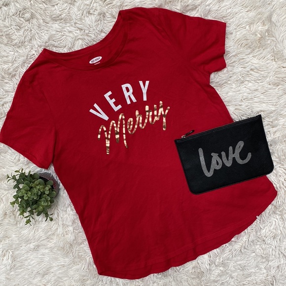 🎉HP🎉 Old Navy Very Merry Graphic Tee 💗 Red White & Gold - Picture 1 of 12